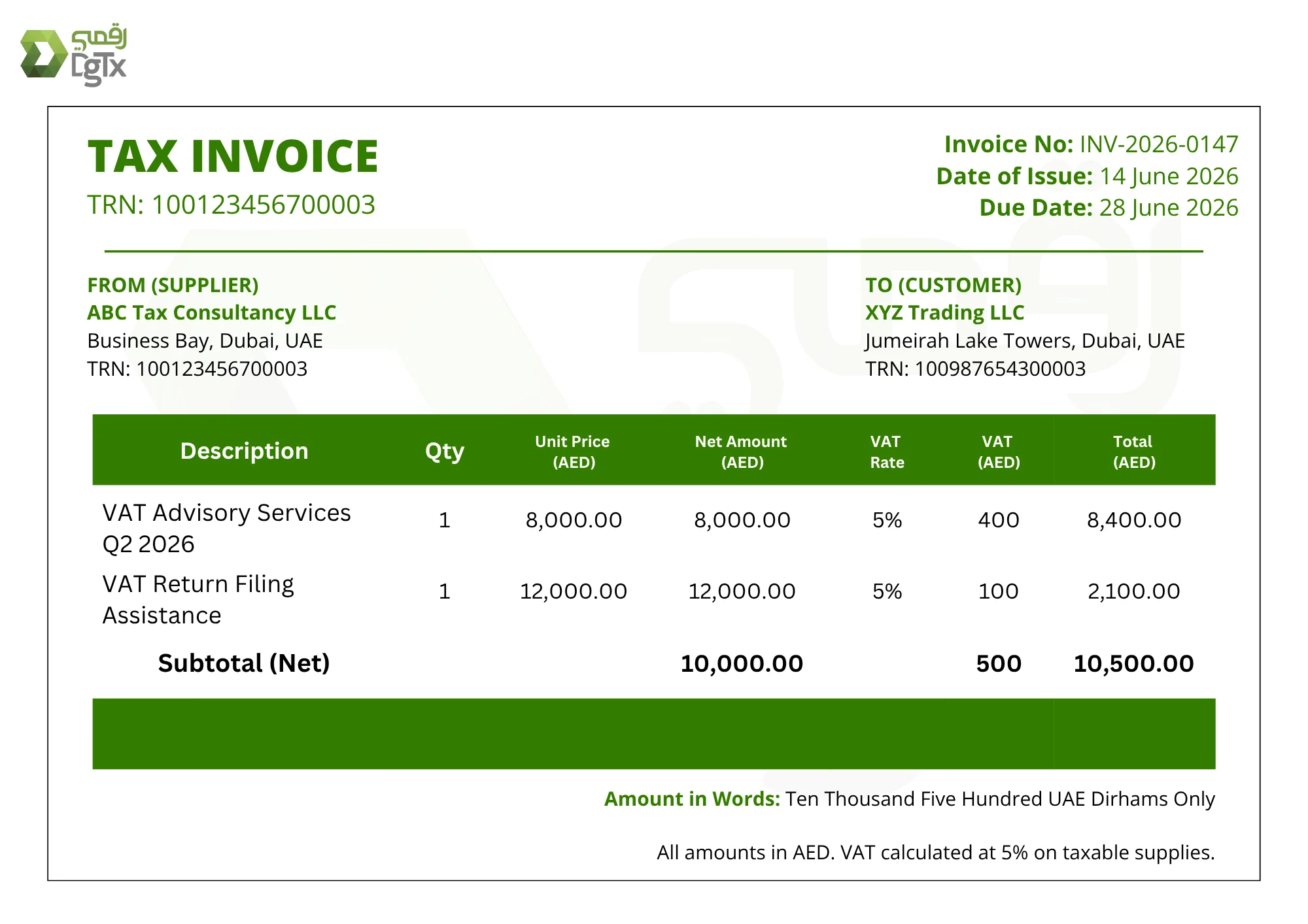 FTA invoice Format Sample